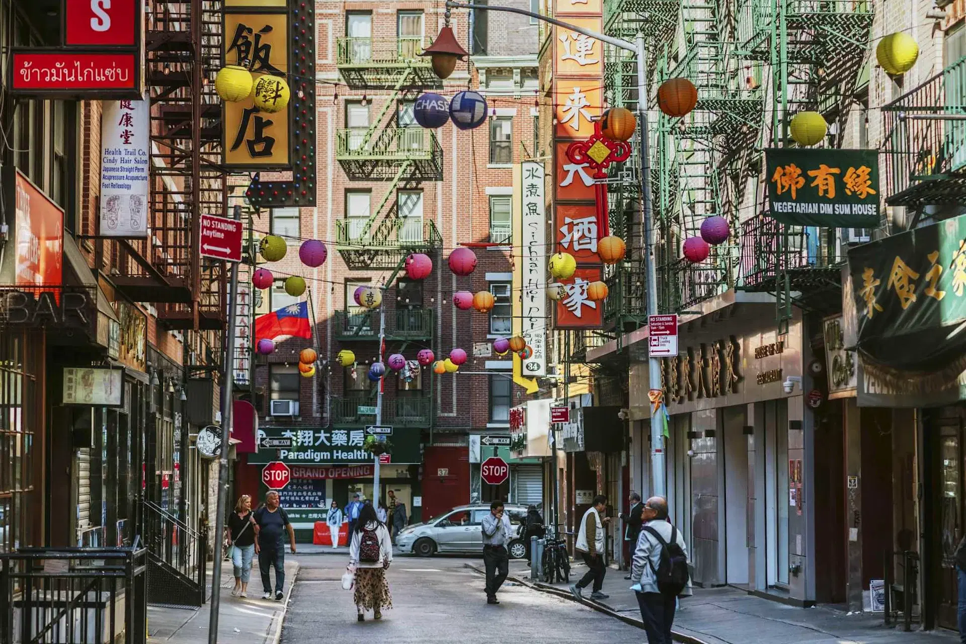 Chinatown street with colorful lanterns and signs